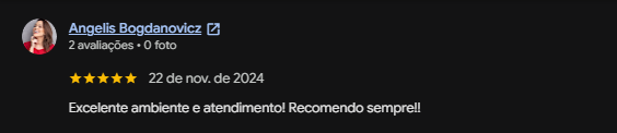 Avaliação 5 estrelas de Angelis Bogdanovicz no Google sobre ambiente e atendimento